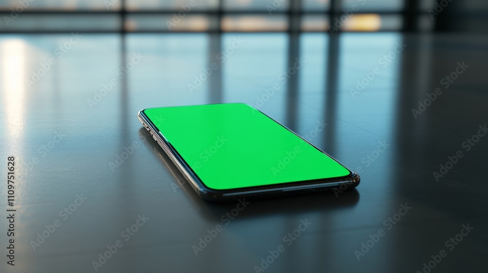 A smartphone with a green screen displayed on a modern, sleek surface A smartphone with a green screen displayed on a modern, sleek surface