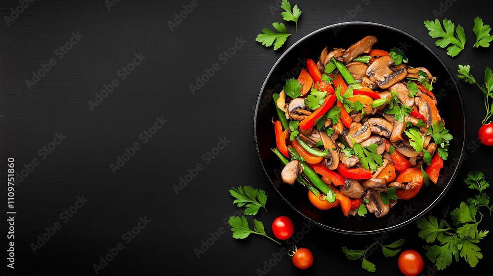 A vibrant mix of bell peppers, mushrooms, and herbs displayed beautifully in a skillet A vibrant mix of bell peppers, mushrooms, and herbs displayed beautifully in a skillet