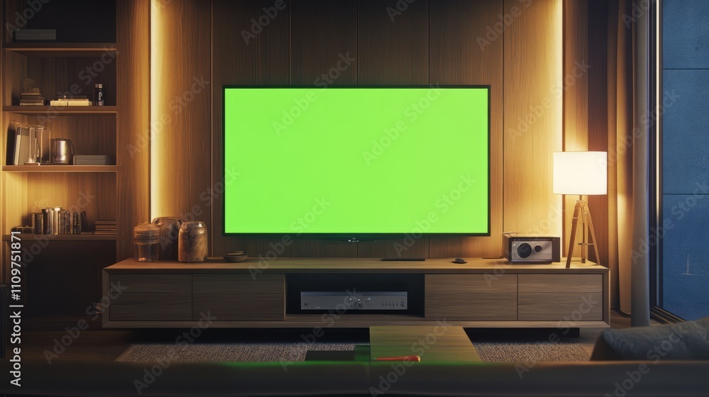 A TV with a green screen in a stylish media room, surrounded by custom-built cabinets. A TV with a green screen in a stylish media room, surrounded by custom-built cabinets.