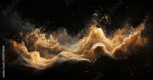 Digital art of an elegant wave of golden dust against a deep black space background