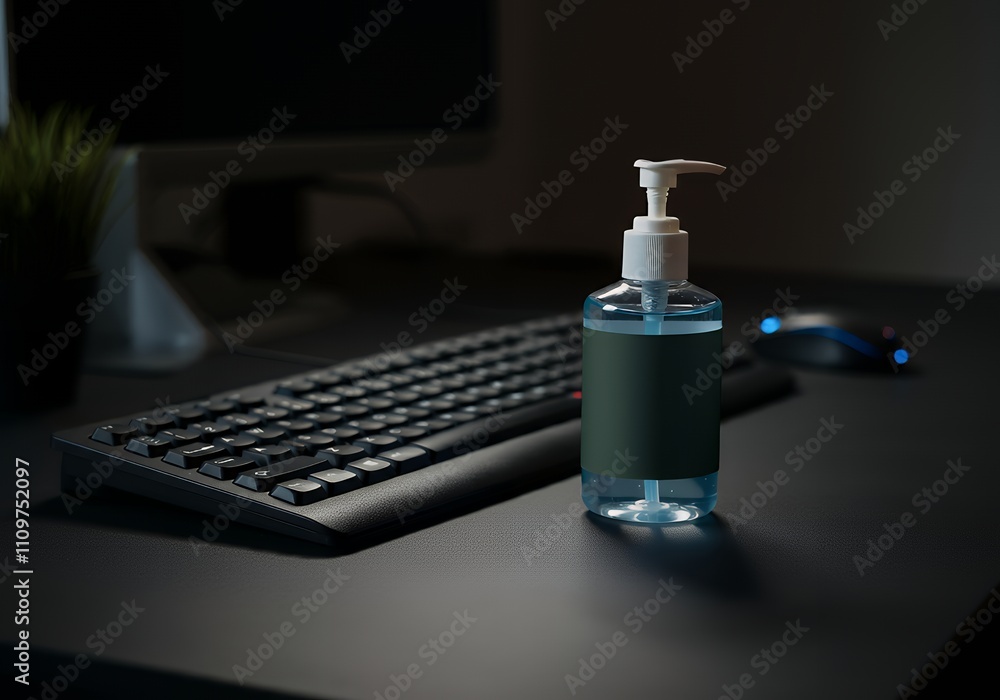 A blank hand sanitiser bottle mock-up, placed on a modern office desk with a keyboard 3d illustration brand mock-up template. A blank hand sanitiser bottle mock-up, placed on a modern office desk with a keyboard 3d illustration brand mock-up template.