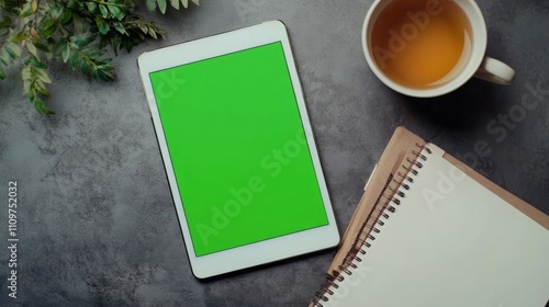 A top-down view of a tablet with a green screen placed beside a cup of tea and a notebook.