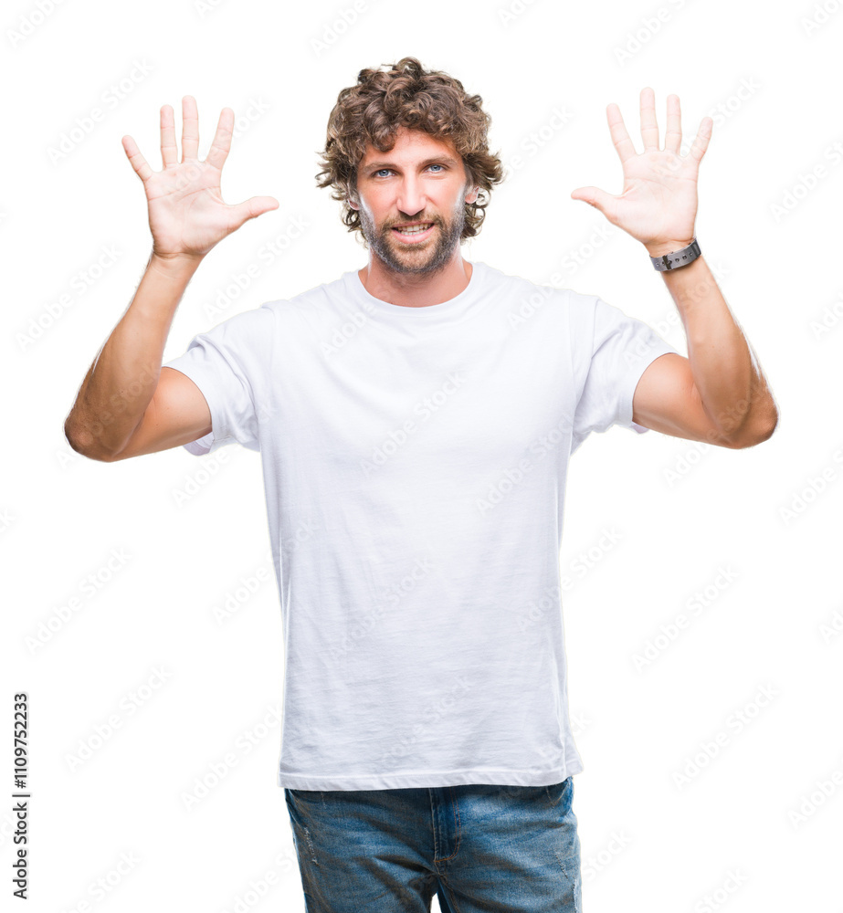 Handsome hispanic model man over isolated background showing and pointing up with fingers number ten while smiling confident and happy. Handsome hispanic model man over isolated background showing and pointing up with fingers number ten while smiling confident and happy.