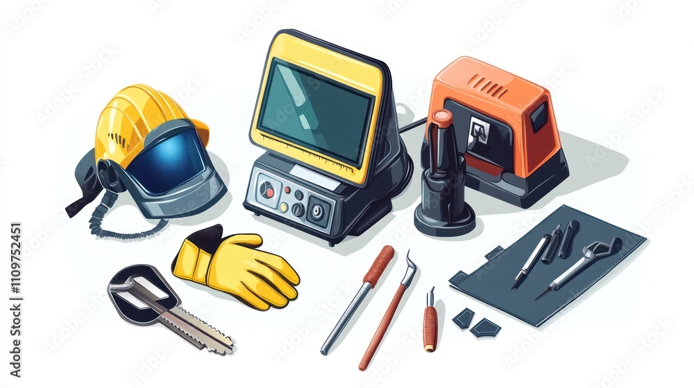 Isometric illustration of safety equipment and tools for electronics repair. Isometric illustration of safety equipment and tools for electronics repair.