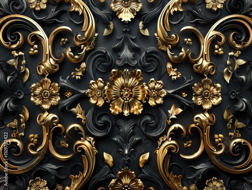 Ornate floral design with gold accents on a dark background.