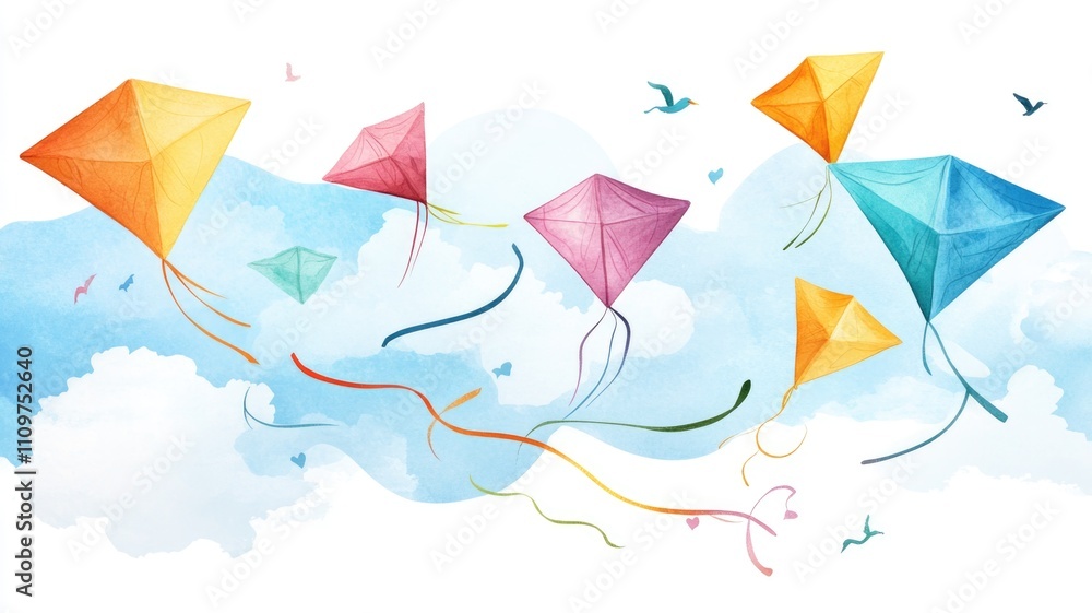Colorful kites soaring in blue sky with fluffy clouds,Kite Appreciation Day Colorful kites soaring in blue sky with fluffy clouds,Kite Appreciation Day