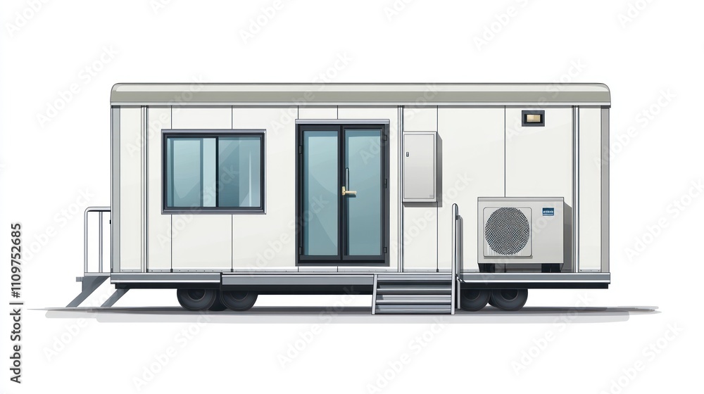 Obraz premium Modern portable building with AC unit, steps, and windows.