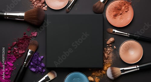 A blank eyeshadow palette box mock-up, surrounded by brushes and vibrant powders 3d illustration brand mock-up template. photo