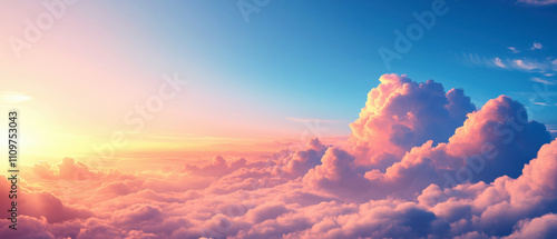 Serene sunset over fluffy clouds in a vibrant sky