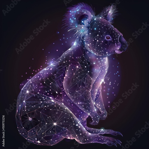 A stylized koala made of glowing lines and dots against a dark background. photo