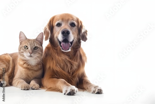 Adorable ginger cat and Golden Retriever dog snuggle together in a heartwarming display of interspecies friendship against a bright white backdrop.