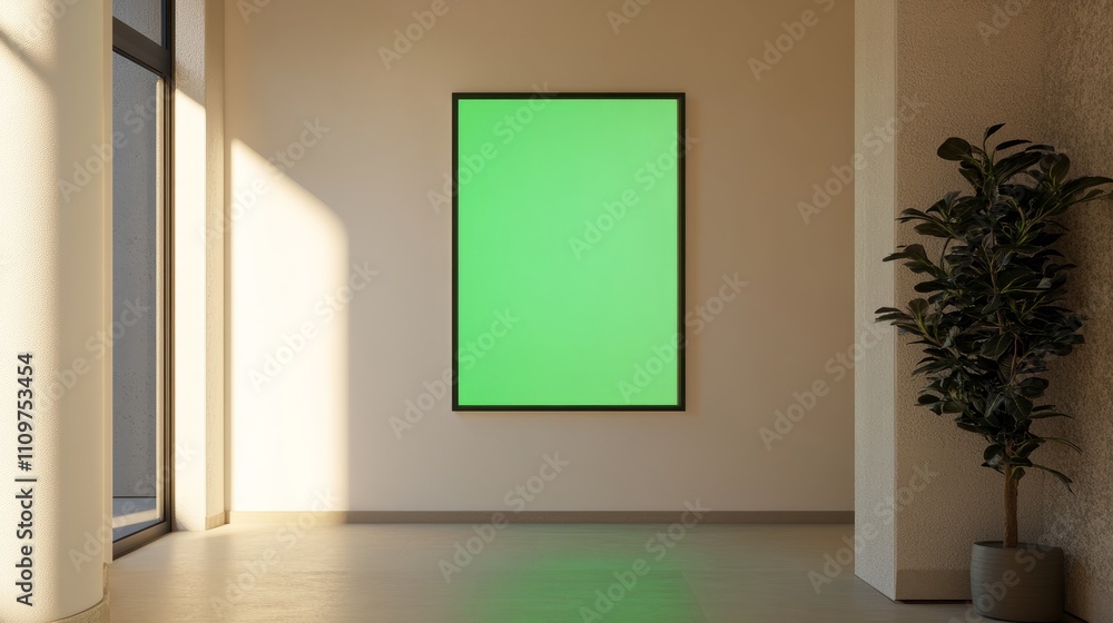 A tall frame with a green screen, mounted on a light cream-colored hallway wall. A tall frame with a green screen, mounted on a light cream-colored hallway wall.