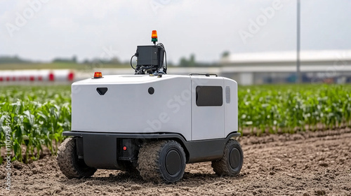 Robot autónomo agrícola en un campo al atardecer photo