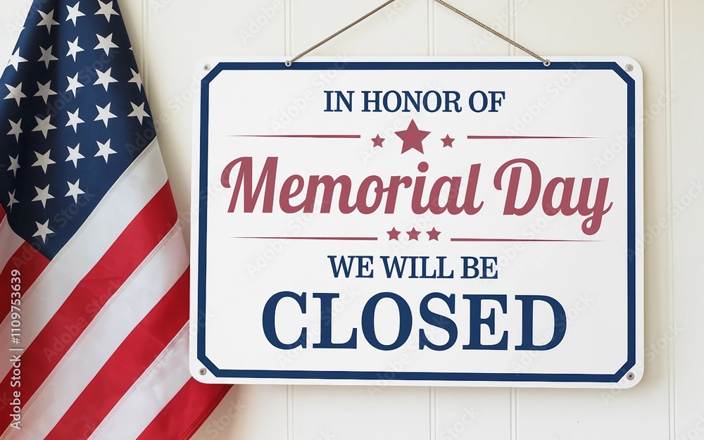 Fototapeta premium Memorial Day Closure Notice with American Flag Decor