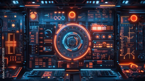 Futuristic Sci-Fi Control Panel with Glowing Lights and Digital Interface.