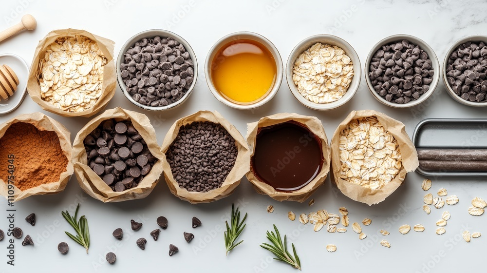 An assortment of baking ingredients arranged for a recipe. An assortment of baking ingredients arranged for a recipe.