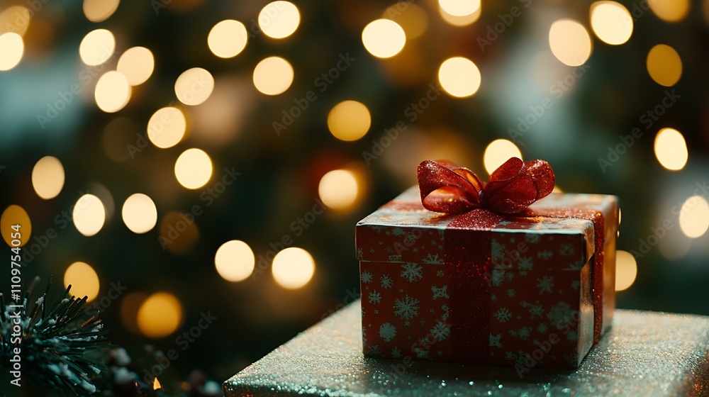 A Christmas gift box with a bokeh background of Christmas tree lights, enhancing the festive mood. A Christmas gift box with a bokeh background of Christmas tree lights, enhancing the festive mood.