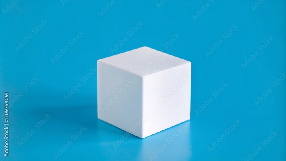 A white cube positioned on a blue background, serving as an empty podium for product display A white cube positioned on a blue background, serving as an empty podium for product display
