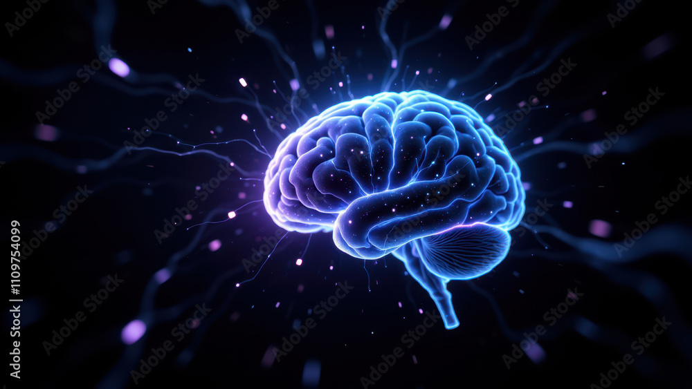 Fototapeta premium A digital illustration showing an illuminated brain with abstract elements representing artificial general intelligence.