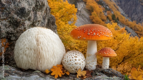 Explore the Enchanting Beauty of Lions Mane Mushrooms Among Vibrant Autumn Foliage photo