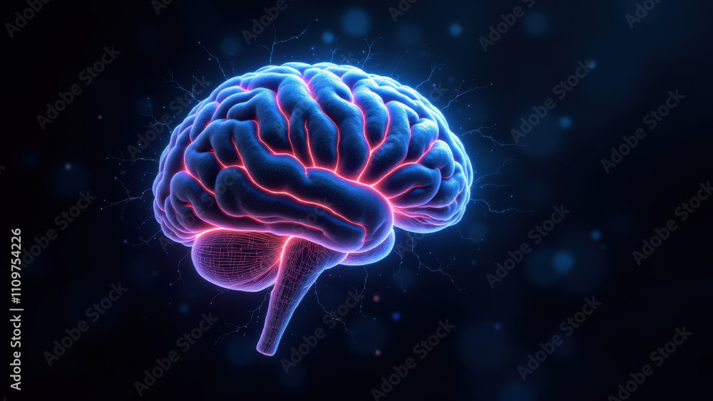 Obraz premium An illustration of a human brain with an overlay of artificial intelligence technology, symbolizing AI's connection to cognitive function.