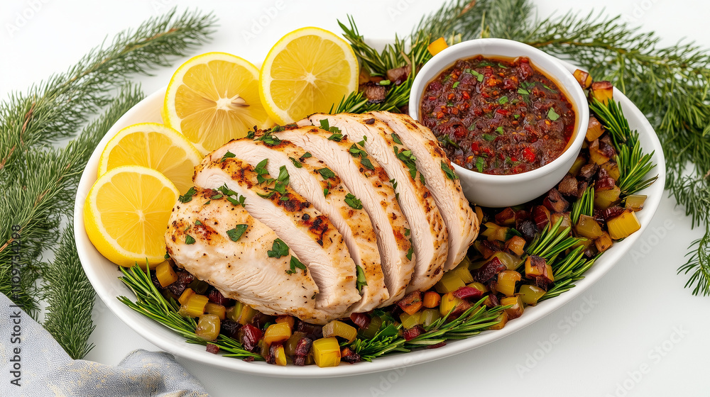 Yassa chicken platter features grilled chicken, garnished with herbs, fresh lemon, and spicy sauce Yassa chicken platter features grilled chicken, garnished with herbs, fresh lemon, and spicy sauce
