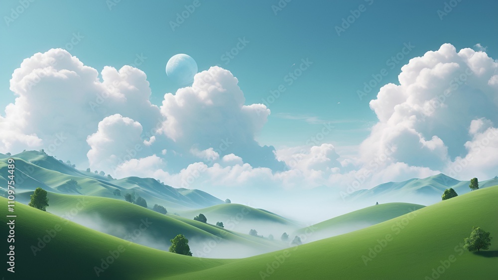 Idyllic Rolling Green Hills Under a Clear Blue Sky with Wispy Clouds. Tranquil Nature Landscape, Gently Rolling Green Hills Under a Bright Blue Sky, Rolling hills, scattered clouds, vibrant greens, Idyllic Rolling Green Hills Under a Clear Blue Sky with Wispy Clouds. Tranquil Nature Landscape, Gently Rolling Green Hills Under a Bright Blue Sky, Rolling hills, scattered clouds, vibrant greens,