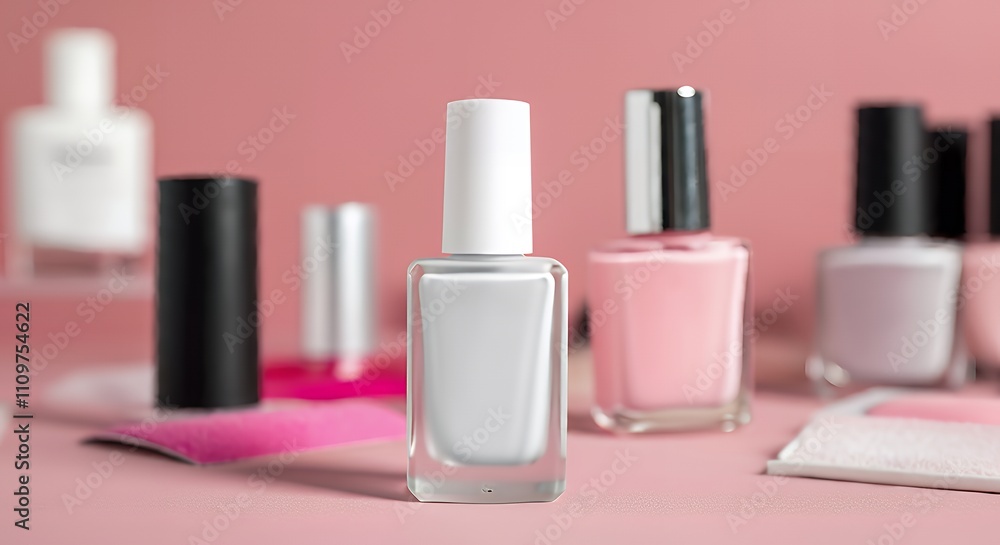A blank nail polish bottle box mock-up, displayed on a beauty salon table with bright lights 3d illustration brand mock-up template.