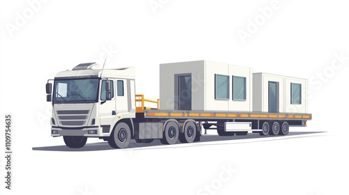 White truck transporting modular buildings on flatbed trailer. photo