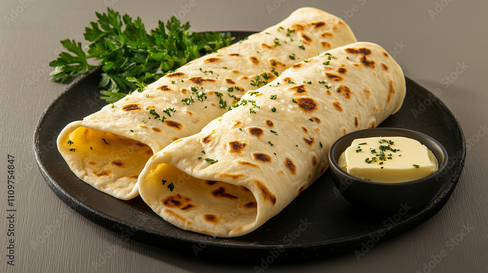 Rolled lefse is generously spread with butter and garnished with fresh herbs, ready to enjoy Rolled lefse is generously spread with butter and garnished with fresh herbs, ready to enjoy