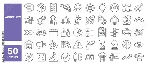 Set of 50 line icons related to workflow, efficiency, productive, project, product, operation, management, business, work, Editable stroke. Vector illustration