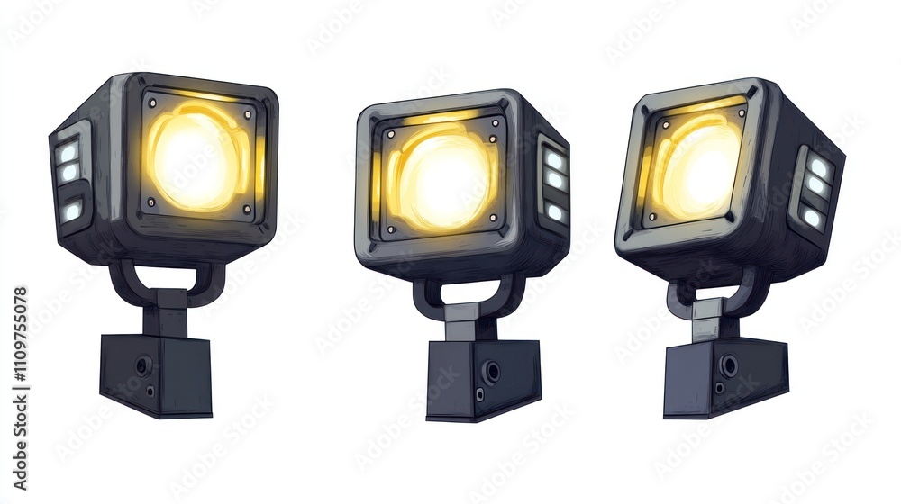Three futuristic spotlights, illuminated, isolated on white. Three futuristic spotlights, illuminated, isolated on white.