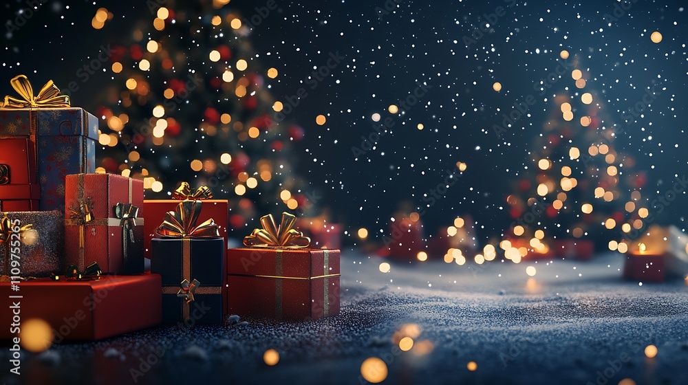 A dark Christmas background with presents and Christmas trees, creating a dramatic festive atmosphere. A dark Christmas background with presents and Christmas trees, creating a dramatic festive atmosphere.