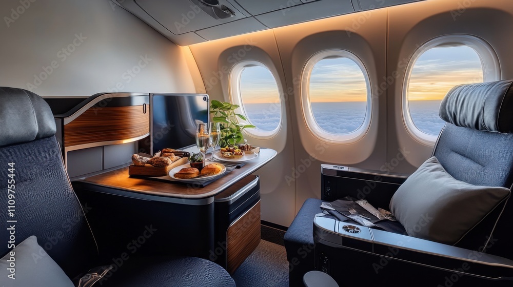 Luxurious Airplane Cabin Interior Featuring Gourmet Meal and Scenic Window View Over Ocean at Sunset, Perfect for Travel and Adventure Themes Luxurious Airplane Cabin Interior Featuring Gourmet Meal and Scenic Window View Over Ocean at Sunset, Perfect for Travel and Adventure Themes