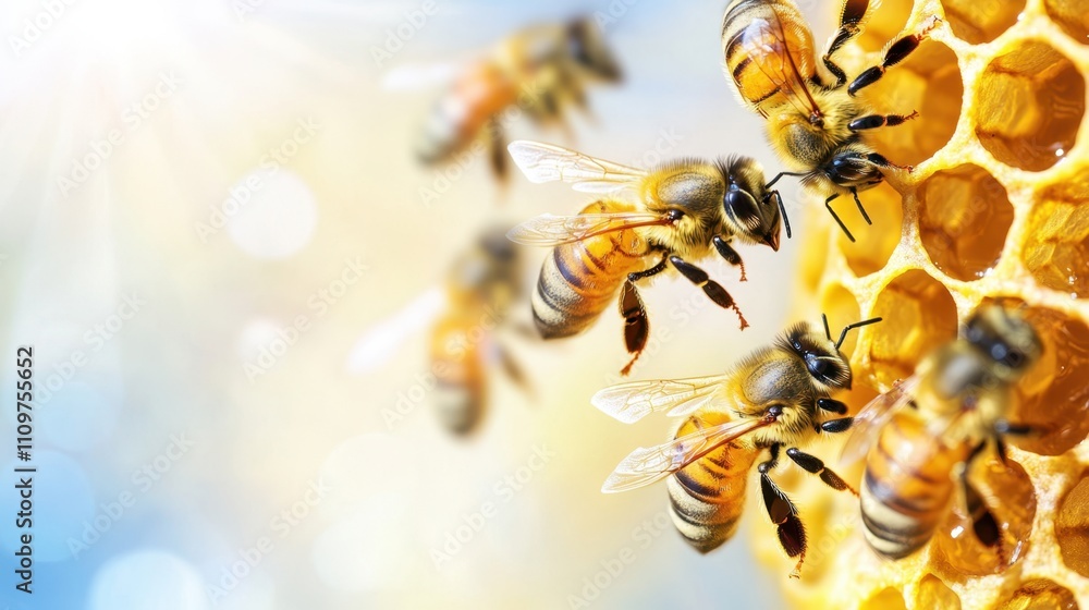 Golden Honey Jar Invites Buzzing Bees on a Sunlit Afternoon in Nature's Bounty