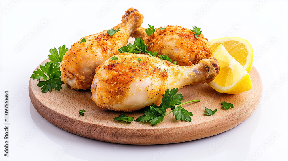 Crispy golden Backhendl pieces arranged on a wooden plate with lemon and parsley garnish Crispy golden Backhendl pieces arranged on a wooden plate with lemon and parsley garnish