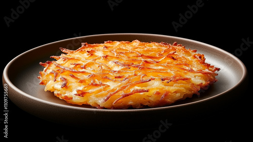 Crispy golden rsti on a dark plate makes a tempting brunch option for potato lovers photo