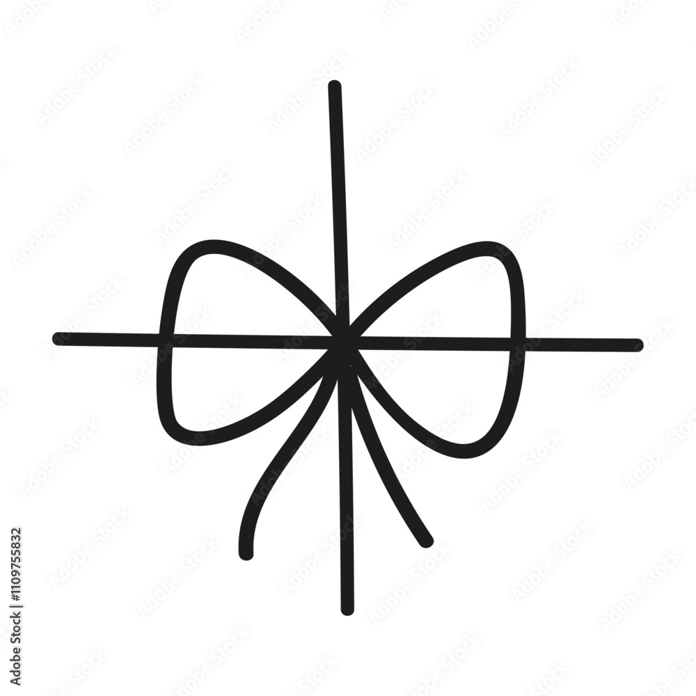 Black bow with tied rope and ribbon knot. Simple line design of string and thread for gift wrapping or marine cord. Flat vector illustration isolated on white background. Black bow with tied rope and ribbon knot. Simple line design of string and thread for gift wrapping or marine cord. Flat vector illustration isolated on white background.