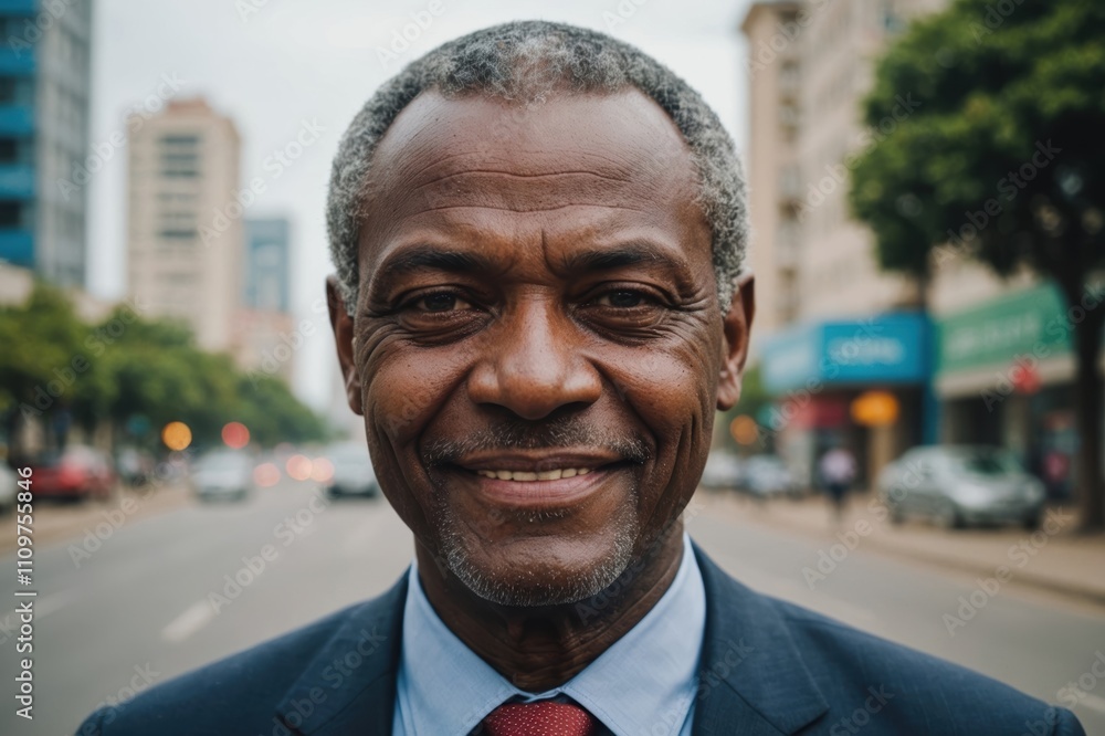 Close portrait of a smiling senior Angolan businessman looking at the camera, Angolan big city outdoors blurred background Close portrait of a smiling senior Angolan businessman looking at the camera, Angolan big city outdoors blurred background