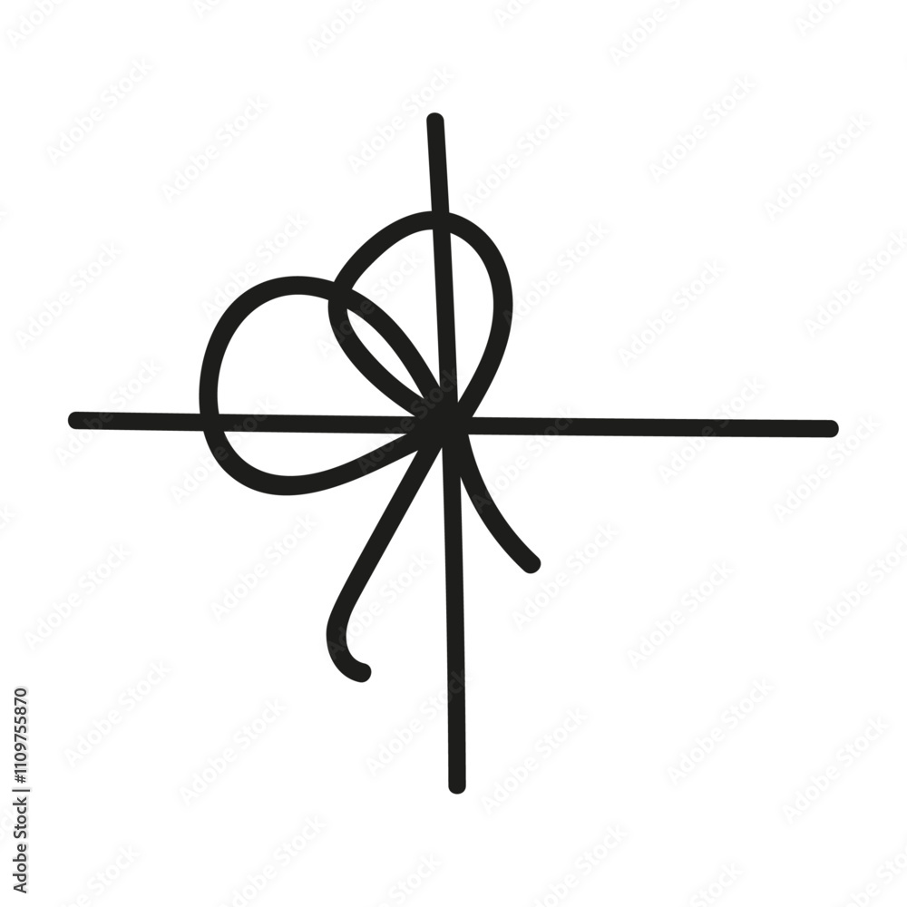 Black bow with tied rope and ribbon knot. Simple line design of string and thread for gift wrapping or marine cord. Flat vector illustration isolated on white background. Black bow with tied rope and ribbon knot. Simple line design of string and thread for gift wrapping or marine cord. Flat vector illustration isolated on white background.
