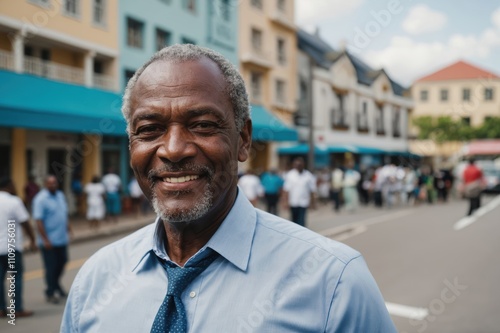 Close portrait of a smiling senior Antiguan and Barbudan businessman looking at the camera, Antiguan and Barbudan big city outdoors blurred background