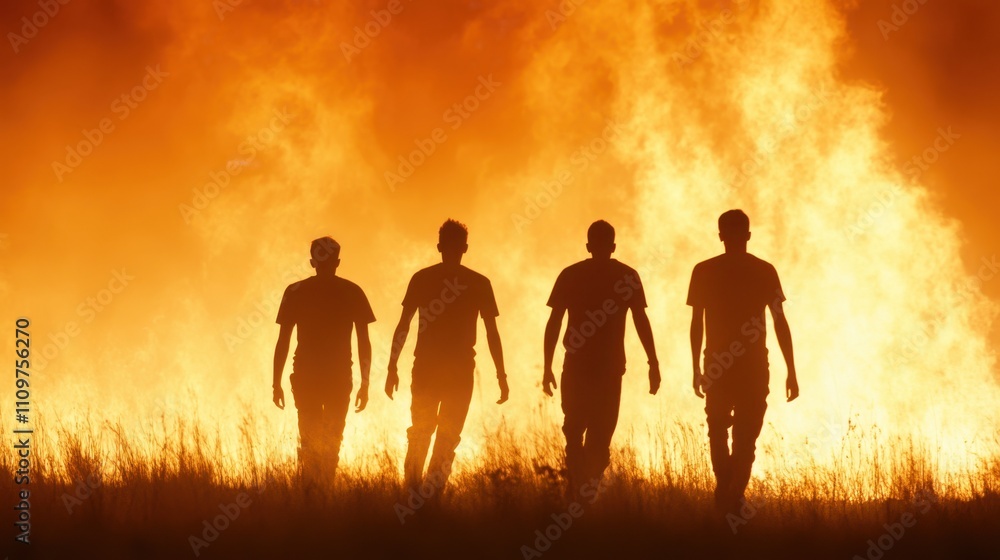 Four Figures Walk Confidently Towards a Blazing Fire Against a Vibrant Orange Backdrop at Dusk Four Figures Walk Confidently Towards a Blazing Fire Against a Vibrant Orange Backdrop at Dusk