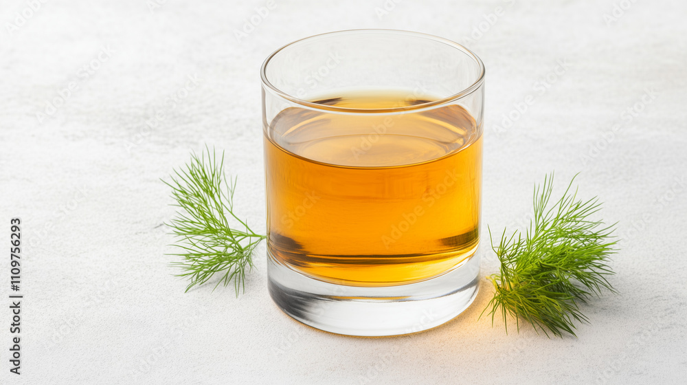 Clear aquavit is displayed in a glass, accompanied by sprigs of fresh dill on a minimalist surface Clear aquavit is displayed in a glass, accompanied by sprigs of fresh dill on a minimalist surface
