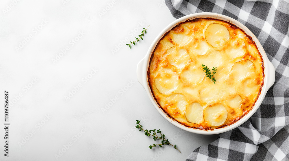 Gratin dauphinois showcases layers of creamy potatoes and cheese, garnished with herbs Gratin dauphinois showcases layers of creamy potatoes and cheese, garnished with herbs