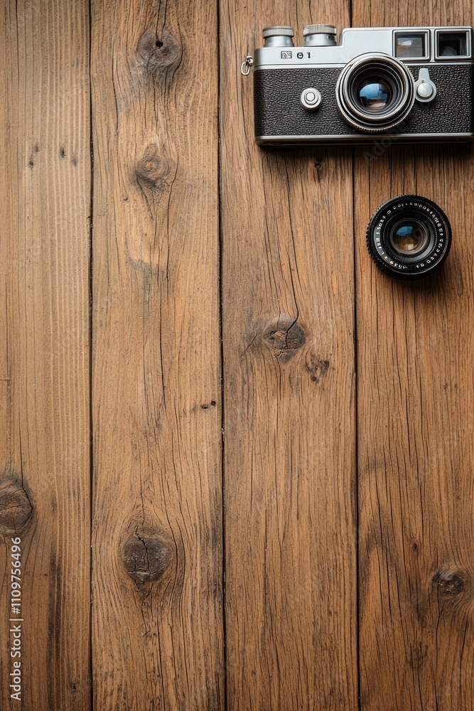 Fototapeta premium Vintage Camera and Lens on Rustic Wooden Surface