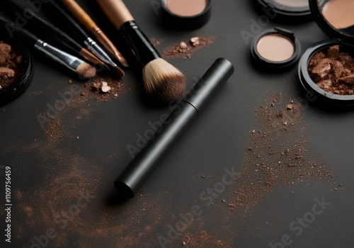 A plain eyeliner pen packaging mock-up, lying on a makeup artist's station 3d illustration brand mock-up template.