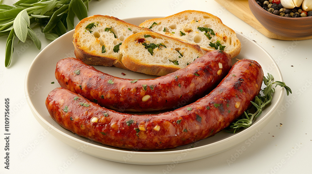 Boudin sausage links are beautifully arranged on a platter alongside fresh bread slices Boudin sausage links are beautifully arranged on a platter alongside fresh bread slices