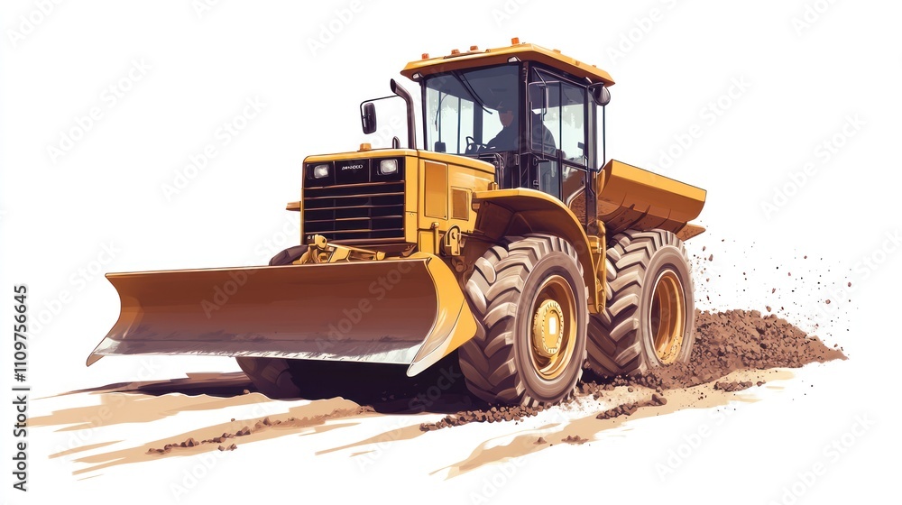 Yellow tractor with bulldozer blade moving earth. Yellow tractor with bulldozer blade moving earth.