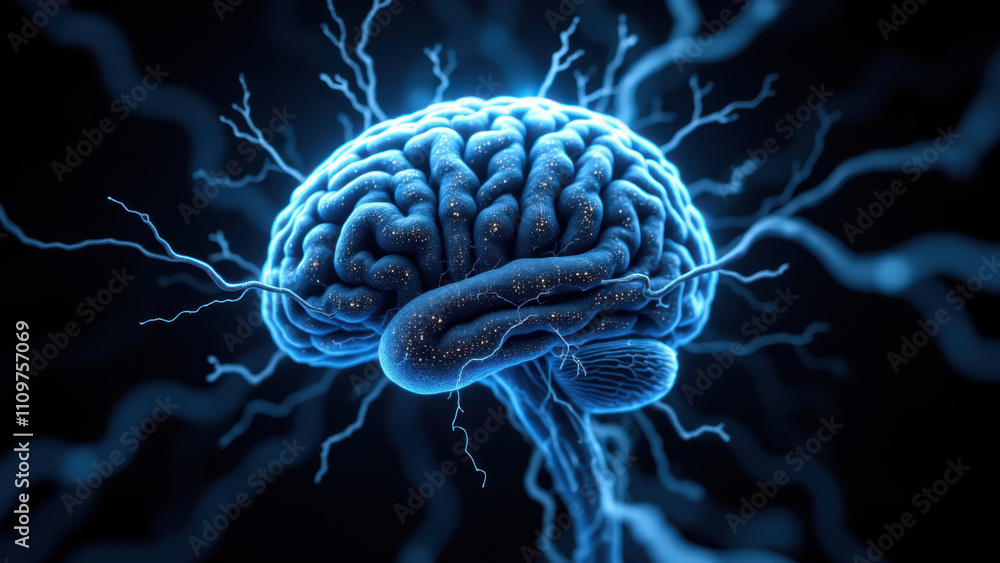 A futuristic image depicting human-like artificial intelligence with a glowing brain and light beams. A futuristic image depicting human-like artificial intelligence with a glowing brain and light beams.