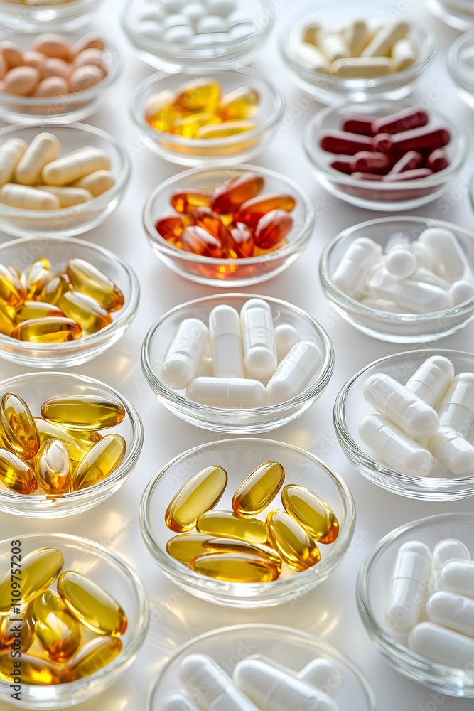 Assorted Nutritional Supplements in Glass Bowls Assorted Nutritional Supplements in Glass Bowls